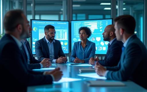 Professionals discussing water management strategies with a futuristic interface overlay